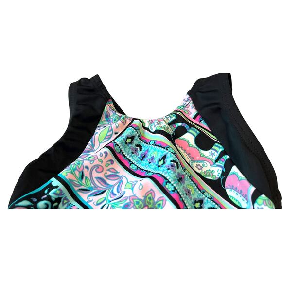 SNOWFLAKE RACERBACK & SPLITBACK GYMNAST, DANCE LEOTARD-CHILD S-MULTICLR-BLK TRIM - Picture 3 of 9